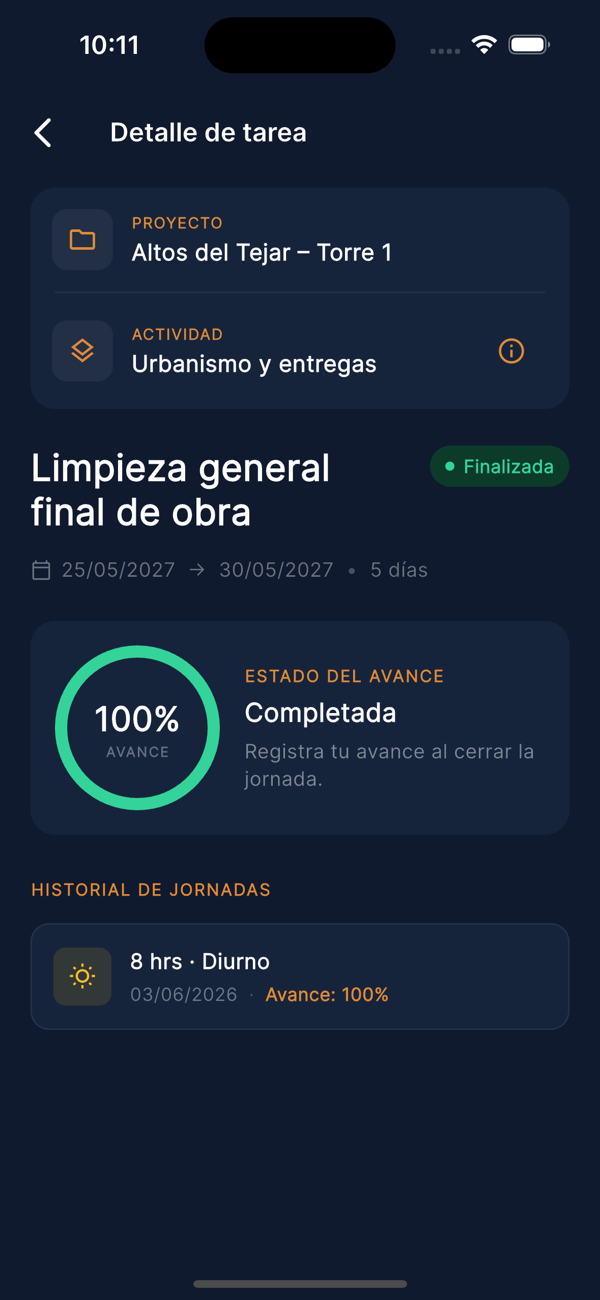 Detalle de tarea con anillo de avance e historial de jornadas