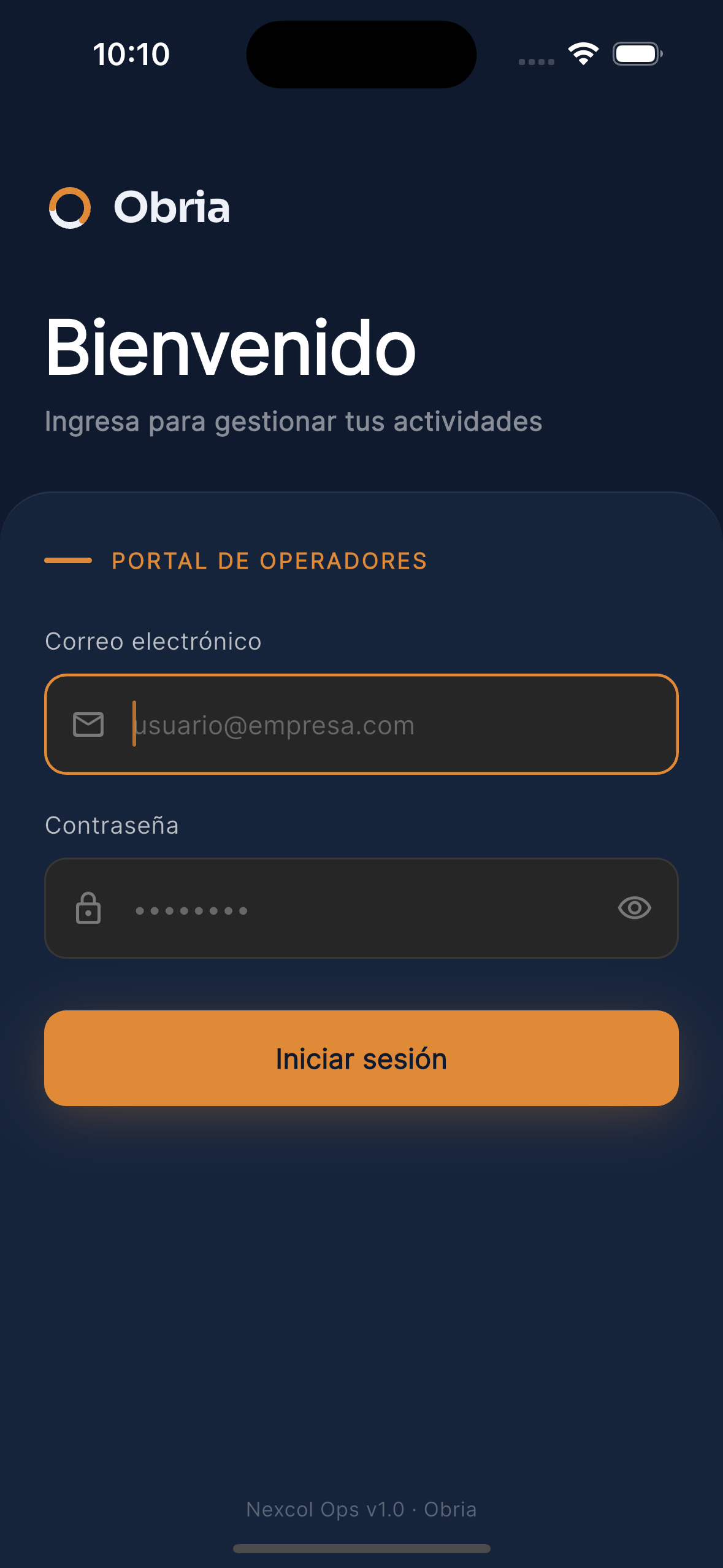 Inicio de sesión del operador en la app Obria