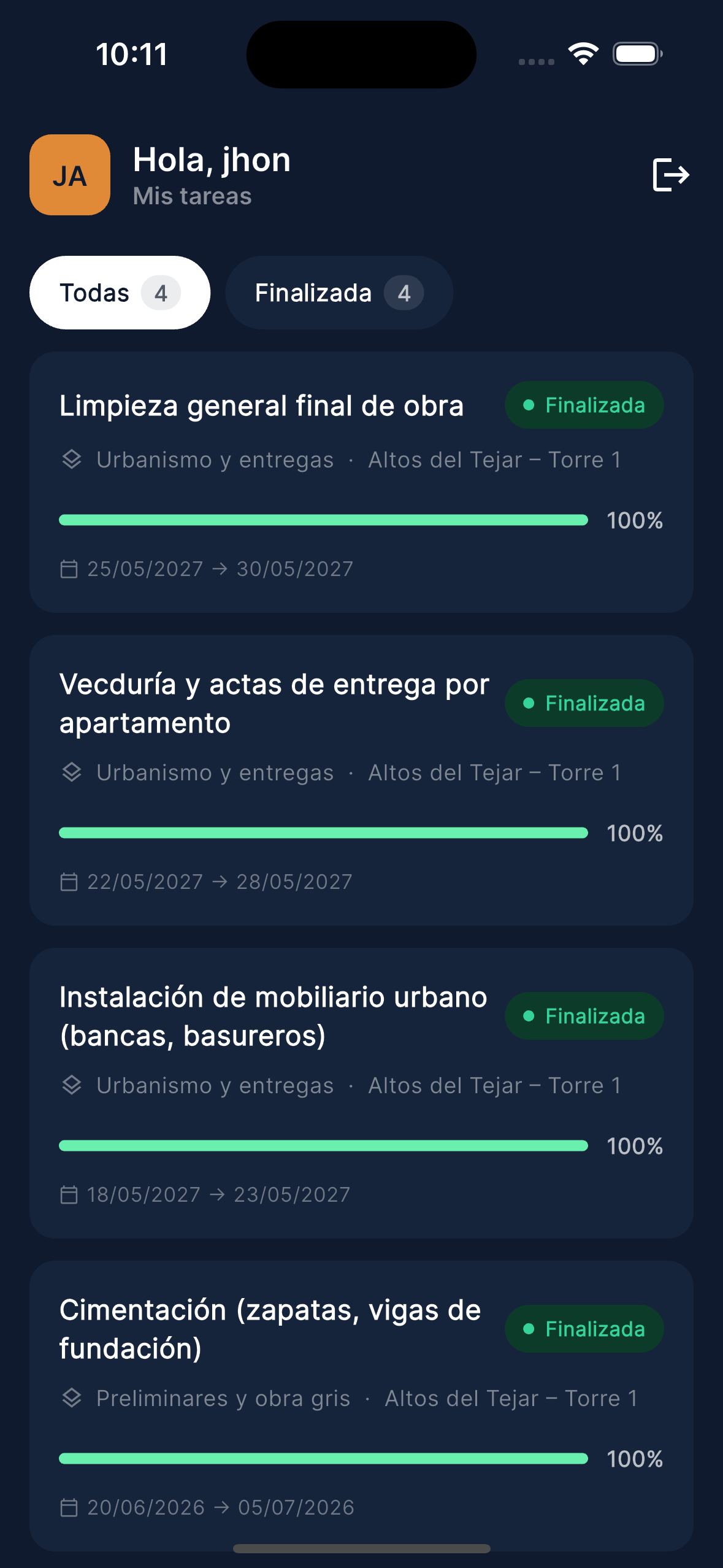 Tareas asignadas al operador en la app Obria